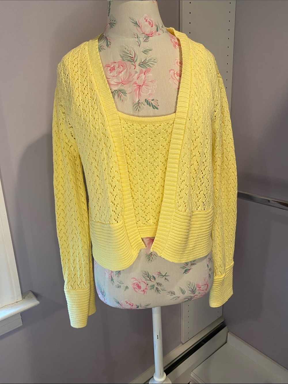 Z Supply Pale Yellow Open-Knit Cropped Cardigan and shell set